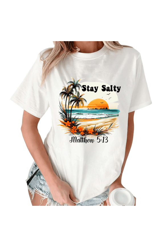 White Vintage Christian Beach Print T-Shirt Graphic Tees Shirts Faith Vacation Gift S-5XL Tops