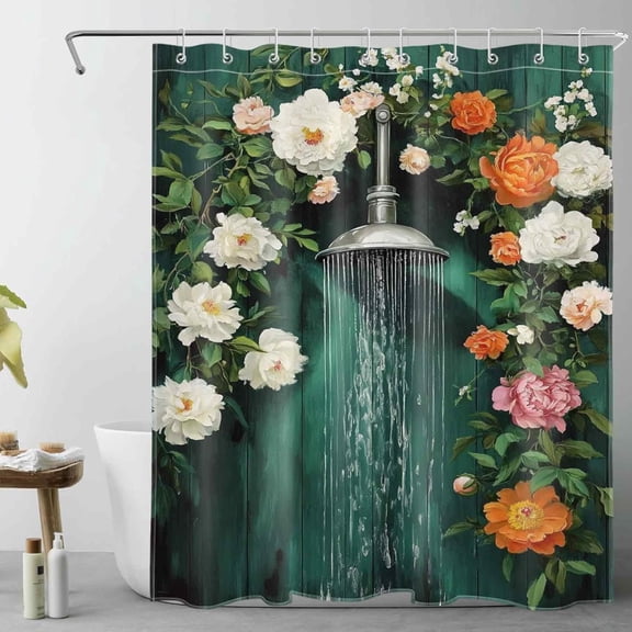 White Vintage Floral Shower Curtain for Bathroom Botanical Leaf and Orange Flower on Green Shower Curtains with Hooks, Nature Plant Bathroom Curtains Shower Set-60"W x 72"L (Pack of 1)