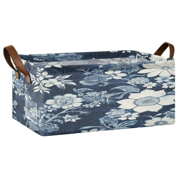 White Vintage Flower in Indigo Blue Storage Basket Soccer Plaid Fabric Hoard Box Oversized Collapsible Closet Organizer with Metal Iron Frame 16.911.47.7in