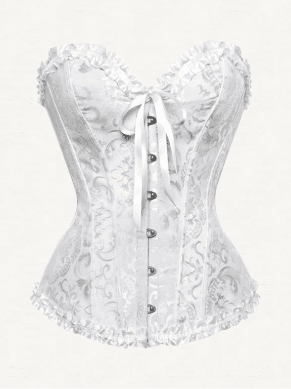 White Vintage Jacquard Corset Top With Ruffled Trim And Front Tie Closure