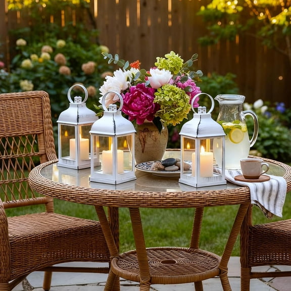 White Vintage Lantern Decorative LED Flickering Flameless Candle with Timer, Battery Powered LED Decorative Hanging Lanterns for Indoor Outdoor Wedding Garden Yard Home Decor(4 Pack)