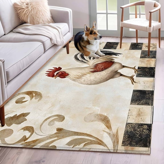 White Vintage Rooster Area Rug 3x5 Washable Rug Non Slip Watercolor Farmhouse Animals Plaid Large Area Rug Indoor Floor Carpet for Entryway Bedroom Kitchen Living Room Home Office Dining Room Nursery