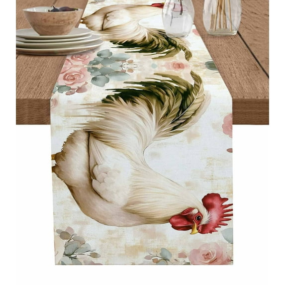 White Vintage Rooster Burlap Cotton Table Runner 18x72 Inches Long, Eucalyptus Leaves Spring Flower Farmhouse Table Runners, Outdoor Dining Tablecloths Decor for Baby Shower/Party/Wedding