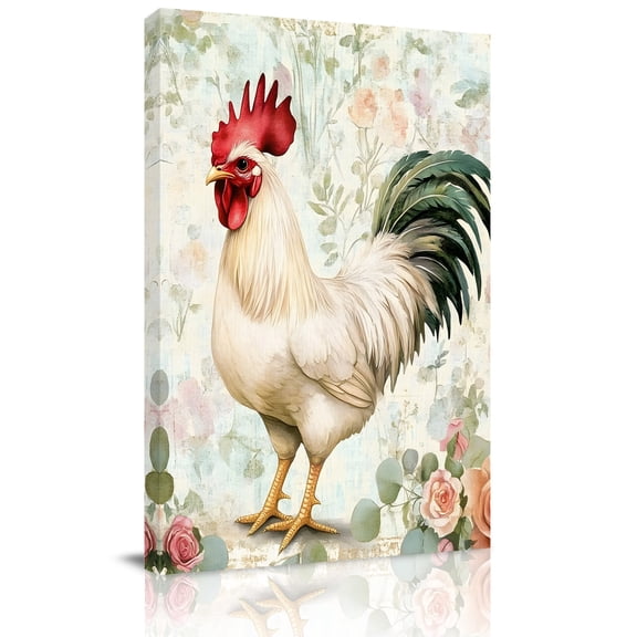 White Vintage Rooster Canvas Wall Art for Living Room, Retro Farmhouse Leaf Flower Pastoral Animal Poster Print Painting for Bedroom Office Home Decoration Wall Pictures Prepare To Hang 8"x10"