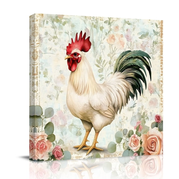 White Vintage Rooster Canvas Wall Art for Living Room, Retro Farmhouse Leaf Flower Pastoral Animal Poster Print Painting for Bedroom Office Home Decoration Wall Pictures Prepare To Hang 8"x8"