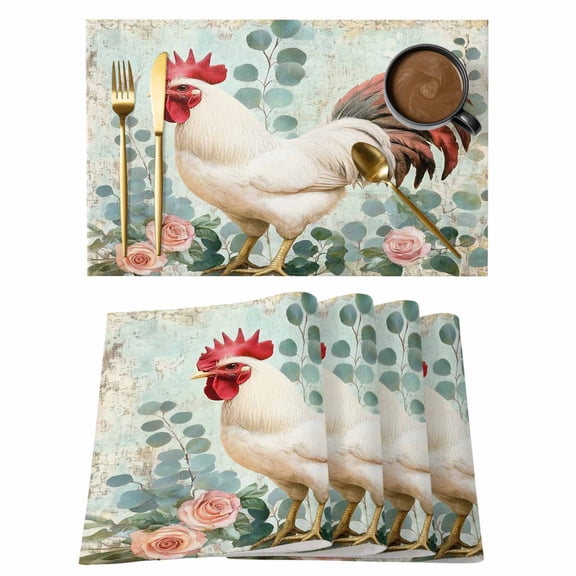 White Vintage Rooster Placemats Set of 1, Farmhouse Watercolor Leaf Flower Pastoral Animal Non-Slip Place Mats Washable Table Mats for Kitchen Dining Table Decorations Indoor/Outdoor