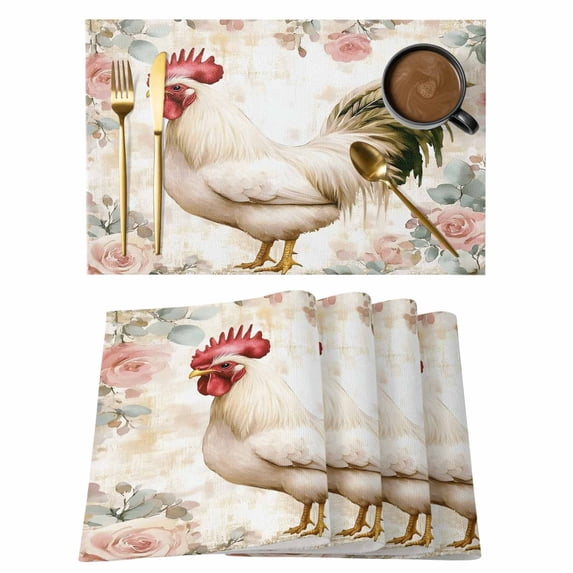 White Vintage Rooster Placemats Set of 6, Watercolor Farmhouse Flower Pastoral Animal Non-Slip Place Mats Washable Table Mats for Kitchen Dining Table Decorations Indoor/Outdoor