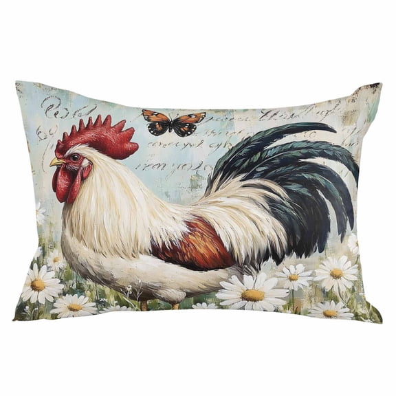 White Vintage Rooster Throw Pillow Cover 20 x 26 Inch Decorative Pillow Cover Spring Flower Pastoral Animals Lumbar Pillowcase Seasonal Rectangle Cushion Case for Couch Sofa Bed Living Room
