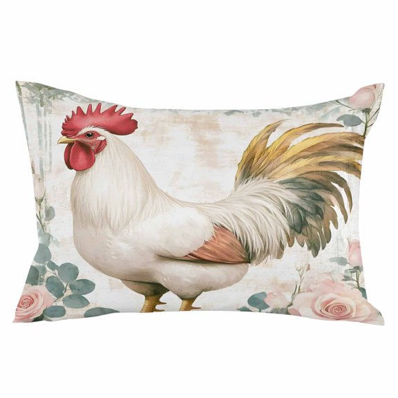 White Vintage Rooster Throw Pillow Cover 20 x 26 Inch Decorative Pillow Cover Watercolor Animals Spring Floral Lumbar Pillowcase Seasonal Rectangle Cushion Case for Couch Sofa Bed Living Room