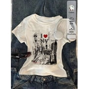 White Vintage Style Retro New York Graphic Print Fitted Round Neck Short Sleeve T-Shirt For Women