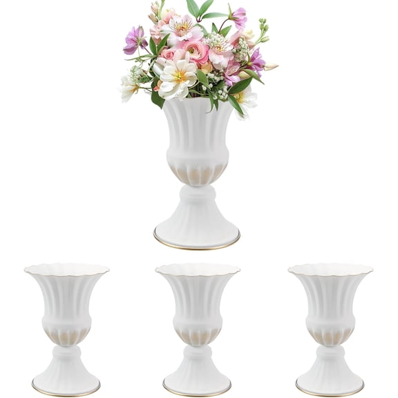 White Vintage Urn Vase, Set of 4 Small Pedestal Metal Vases, 6.6 Inch White Vase for Wedding Centerpieces, Table Decor, Home, Party and Anniversary Decoration