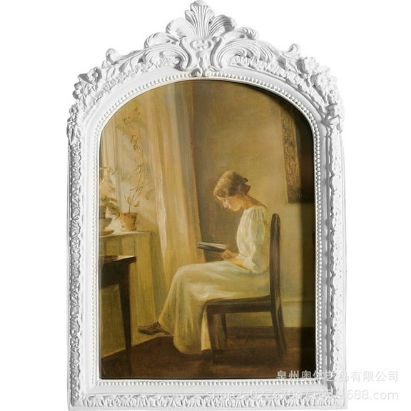 White Vintage Vanity Desk Makeup Mirror Antique Decorative Wall Mirror,Resin Carved Arch Table Mirror with Stand for Living Room,Bedroom Dresser,Desktop Decor 6" x 8"