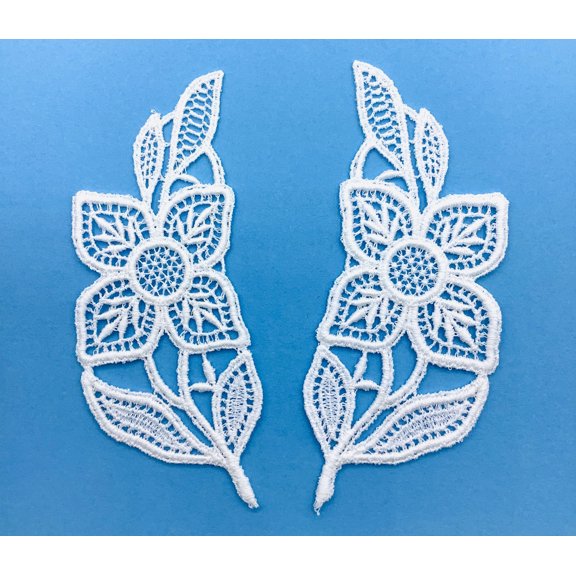 White Vintage Venice Lace Applique Flower (4-1/2" H X 2" W) - 4 Pairs
