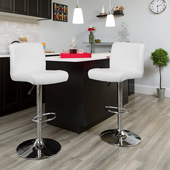 White Vinyl Adjustable Height Barstool with Rolled Seat