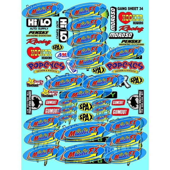 White Vinyl R/C Racing Sponsor Sticker Gang Sheet 34-1/4-1/5 1/6th Scale Model Decal Sticker Sheet Radio Control Lexan Body Die-Cut to Shape - Peel & Stick Water Slide Monsters