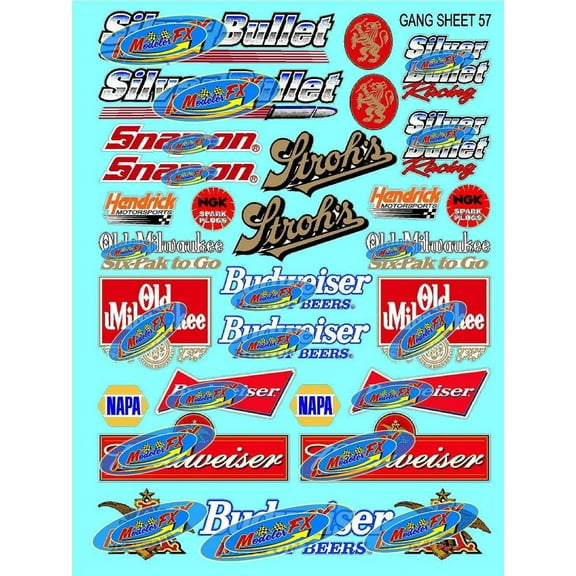 White Vinyl R/C Racing Sponsor Sticker Gang Sheet 57-1/4-1/5 1/6th Scale Model Decal Sticker Sheet Radio Control Lexan Body Die-Cut to Shape - Peel & Stick Water Slide - Beer