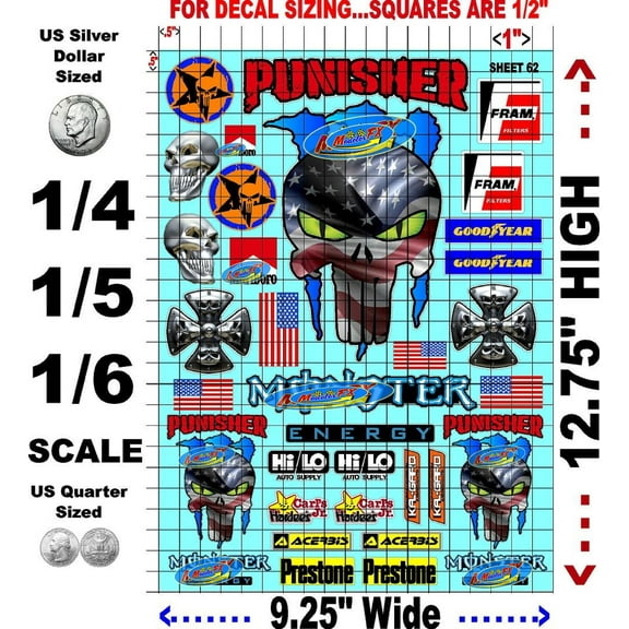White Vinyl R/C Racing Sponsor Sticker Gang Sheet 62-1/4-1/5  1/6th Scale Model Decal Sticker Sheet Radio Control Lexan Body  Die-Cut to Shape - Peel & Stick  Water Slide - Punish - Gift
