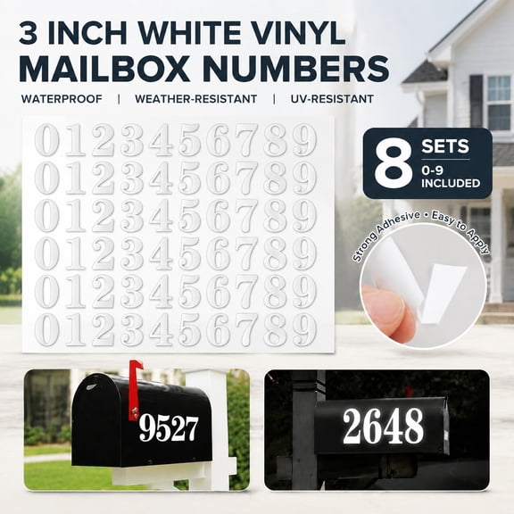 White Vinyl Waterproof Mailbox Number Stickers, Outdoor Address Numbers for House, Weatherproof House Number Decals, 3 Inch, 8 Sets