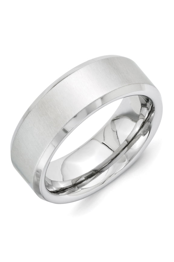 White Vitalium Ring Band Wedding Beveled Standard Cross Satin center 8mm Edge