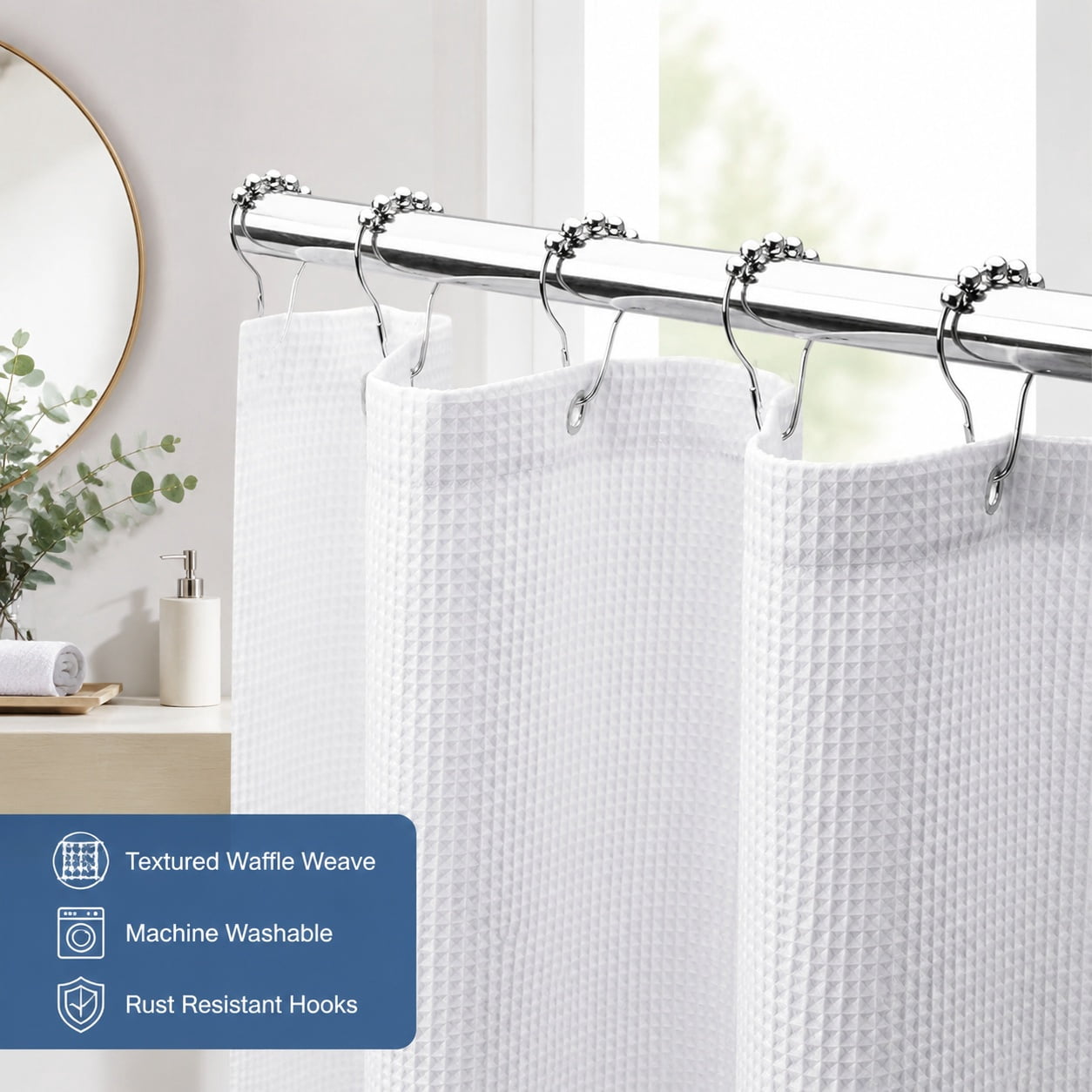 White Waffle Fabric Shower Curtains for Bathroom, Heavy Duty Thick