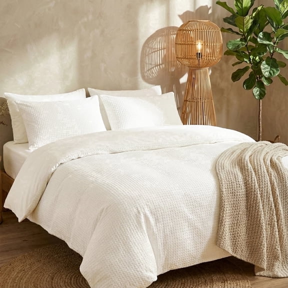 Hotel Collection 3-Piece White Textured Waffle Duvet Sets, Queen