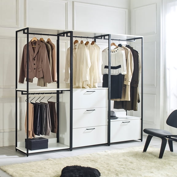 White Walk In Closet Frame - Powder Coated Metal, Extra Deep Storage Options Freestanding System Metal Frame, Space, And , E0 Board