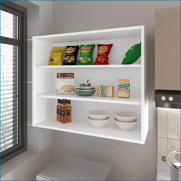 White Wall Cabinet with 3 Open Shelves, Minimalist Kitchen Storage | Melamine | Particle Board