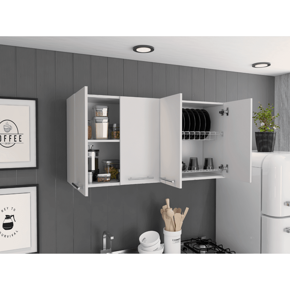 White Wall Cabinet with 4 Doors & 2 Spacious Divisions, 59X23.6X12 Inches Kitchen Pantry Storage Cabinet with Shelves & Dish Rack