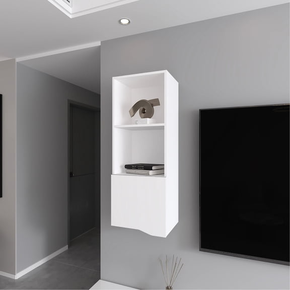 White Wall Cabinet with Concealed Storage Function / Great for Small to Medium Living Rooms