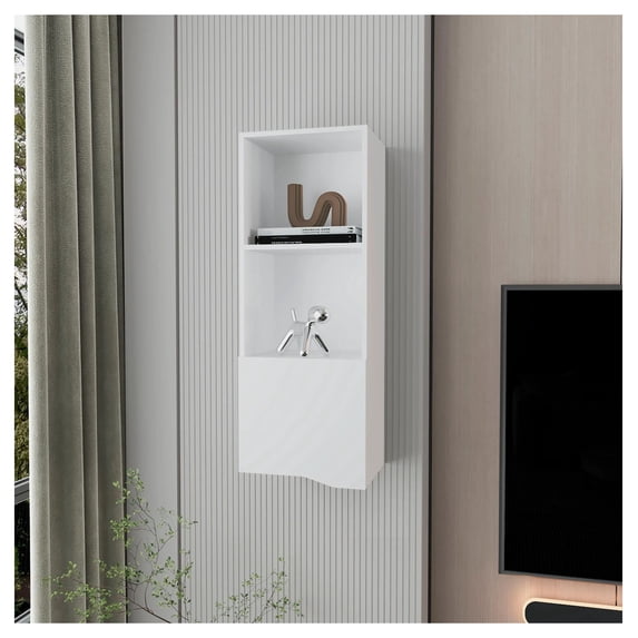 White Wall Cabinet with Door, Modern Storage Organizer, Living Room Accent, 43.3" Tall, White Finish, Concealed Shelf