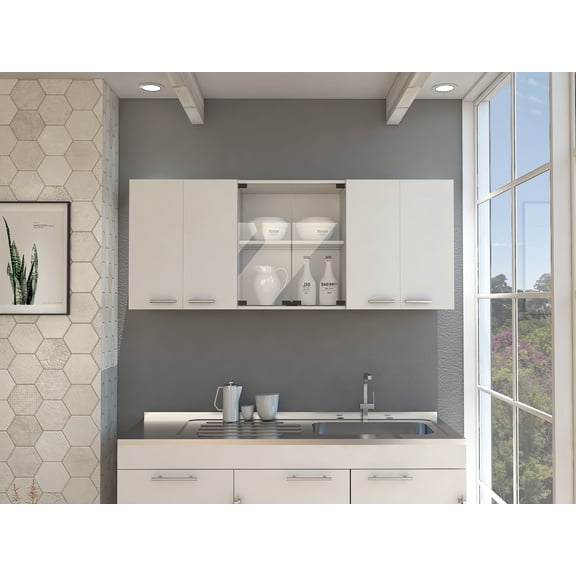 White Wall Cabinet with Glass Doors and 4 Shelves, Space Saving Cabinet for Dining Room, 12.4L x 59.1W x 12.4H inches Particle Board