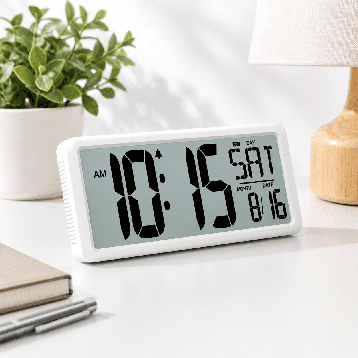 Time Keeping Display White Wall Clock, Large Digital Display with Time, Date, Temperature ...