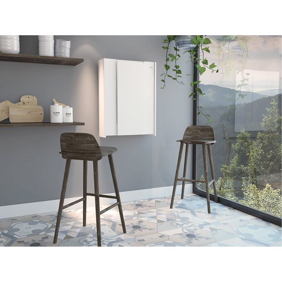 White Wall Foldable Table With Storage, Seven Interior Shelves, Extendable - White, For Space Optimization