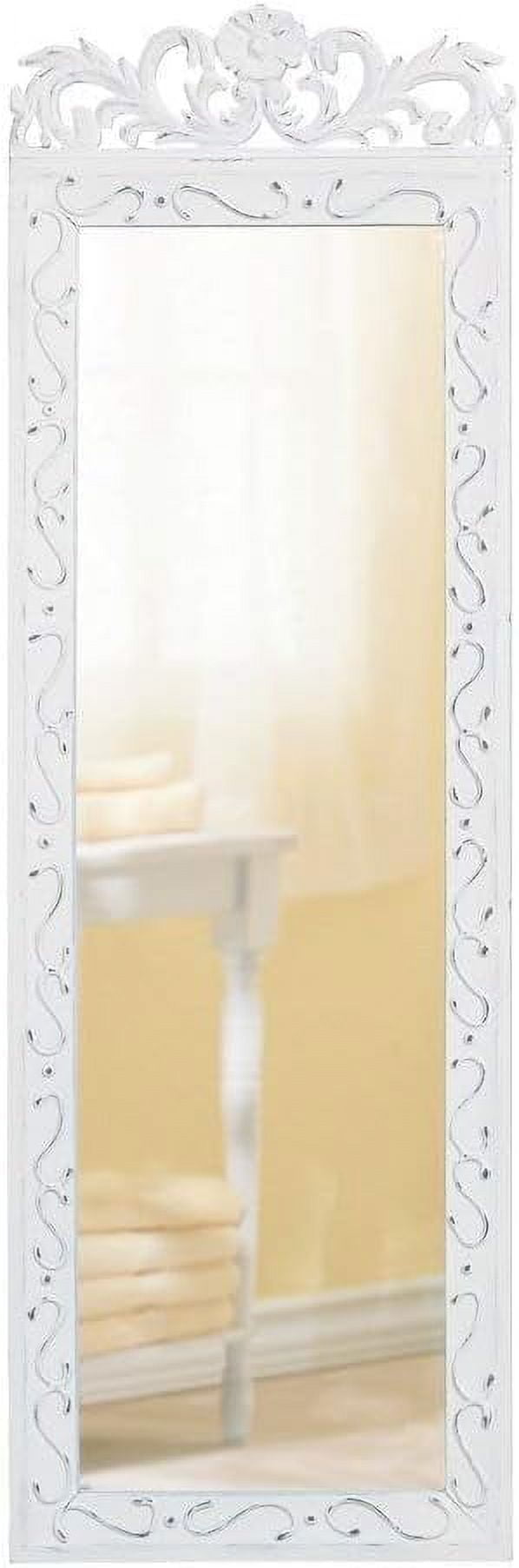 Weathered White Rectangular Wood Wall Mirror with Floral Crown