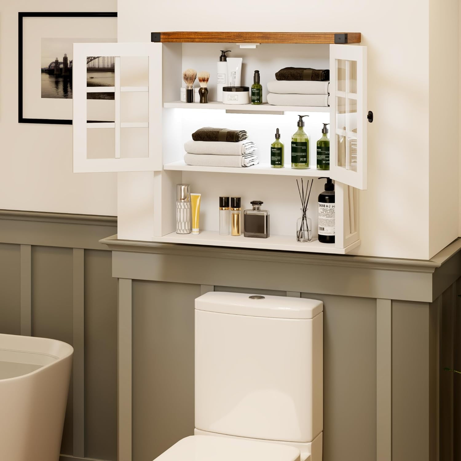 White Wall Mount Bathroom Farmhouse Style, MultiUse Storage