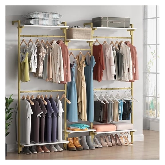White/ Wall Mount Clothes Rack with 5 Hanging Rods, Clothing Rack with 6-Tier Storage Shelves, Closet Storage Organizer System Kit, Heavy Duty Garment Rack with Metal Frames (80.71" L*78.74" H)