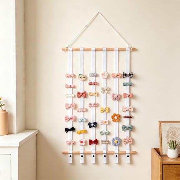 White Wall Mount Hair Bow Organizer With Wooden Dowels - 28x15 Inch Polyester Ribbon Rack For Girls‘ Room Nursery Decor And Storage