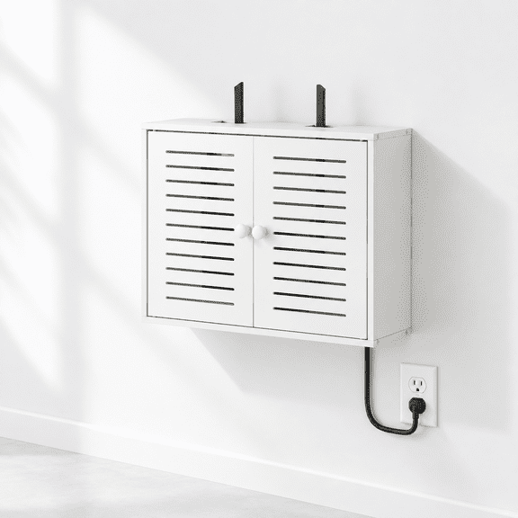 White Wall Mount Router Storage Box, 16.5"W x 4.7"D x 12.6"H