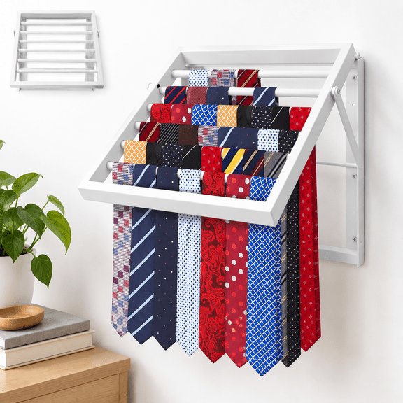 White Wall Mounted Adjustable Tie Rack Organizer for 60 Ties Scarves and Accessories