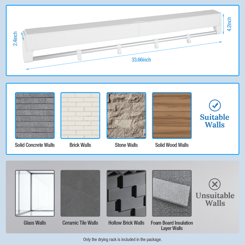 White Wall Mounted Collapsible Clothes Drying Rack For Laundry Room