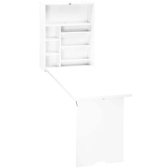 White Wall Mounted Convertible Desk With Storage Shelf For Home Office. Space & , Meets Computer, Writing Demands In Fold Out And Storage, Daily Tasks