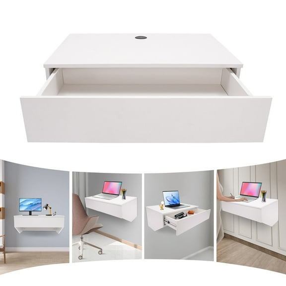 White Wall Mounted Desk 28.4*19.2 Inch Pull Out Drawer, Floating Wall Organizer