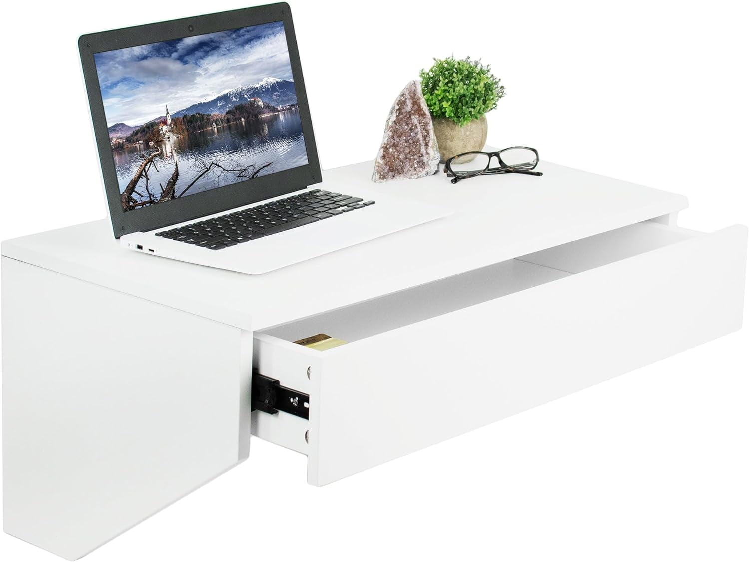 Elegant White Wall Mounted Desk with Drawer and USB Port