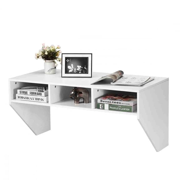 White Wall Mounted Floating Desk With Storage Shelves Home Office Computer Workstation Console Table