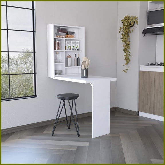 Space-Saving White Wall-Mounted Foldable Coffee Table, 30" High with 7 Shelves for Small Spaces