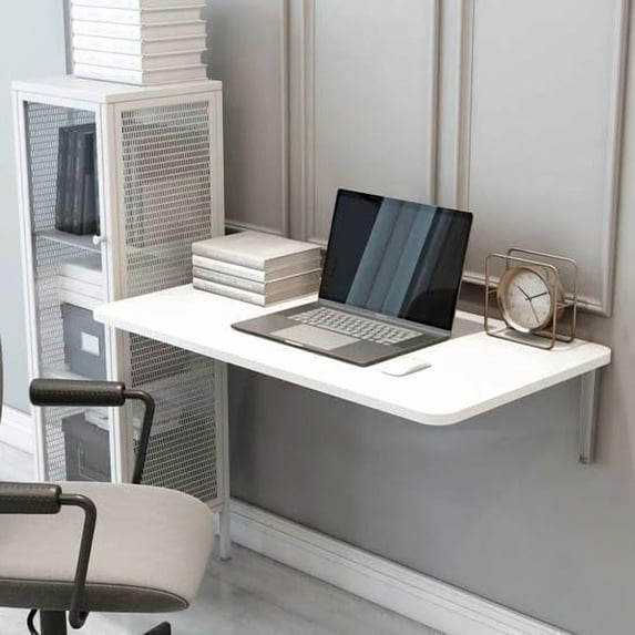 White Wall-Mounted Foldable Table - 28.3" x 17.7" Space-Saving Desk for Kitchen, Balcony, or Office