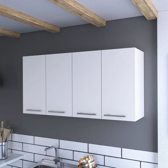 White Wall Mounted Four-Door Kitchen Storage Unit | Ideal for Kitchenware Arrangement | Made of Sturdy Particle Board | Solves Kitchen Storage and Decor