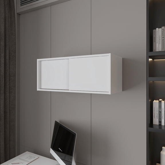 White Wall Mounted Office Floating Cabinet With Sliding Door - Space Saving Option Design And Particle Board 31.9''w X 13''d 13''h For Optimization Element X
