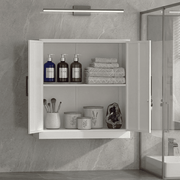 White Wall Mounted Storage Cabinet with Doors and Lock, 26" Hanging Metal Utility Organizers with Adjustable Shelf for Laundry Room, Home Office, Kitchen, Garage, Bathroom