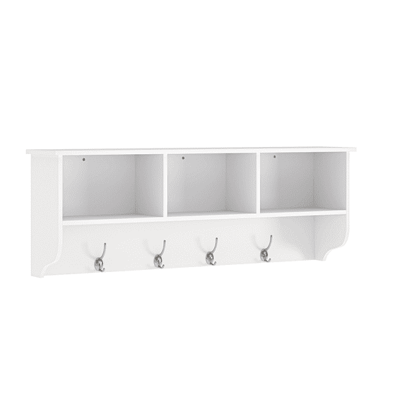 White Wall Mounted Storage Cabinet with 4 Hooks, MDF Entryway Floating Shelf with Cubbies & Hanging Rack